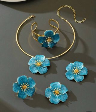 Conjunto Joyas Flor Azul y Dorado