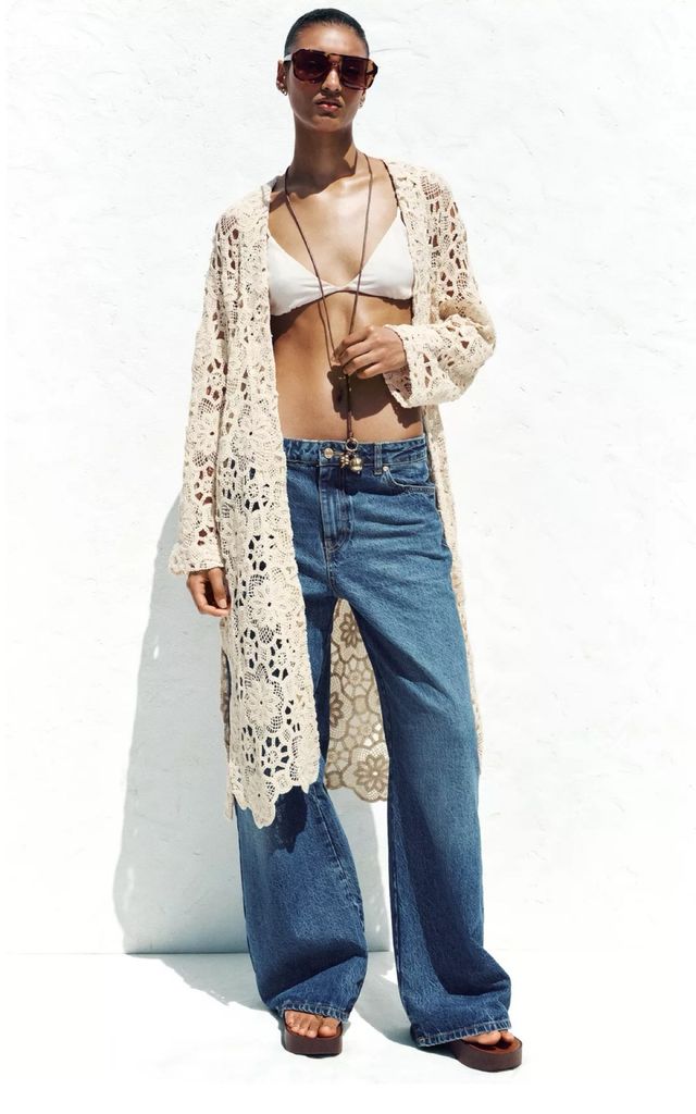 Chaqueta Kimono Crochet Zara Beige claro