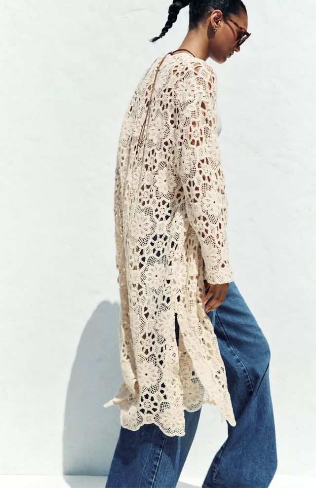 Chaqueta Kimono Crochet Zara Beige claro