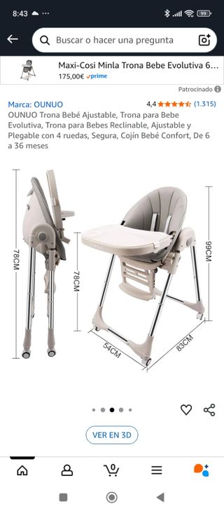 Trona de bebé ajustable gris