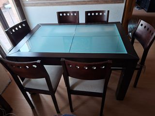 Mesa y 4 Sillas Comedor Madera y Cristal
