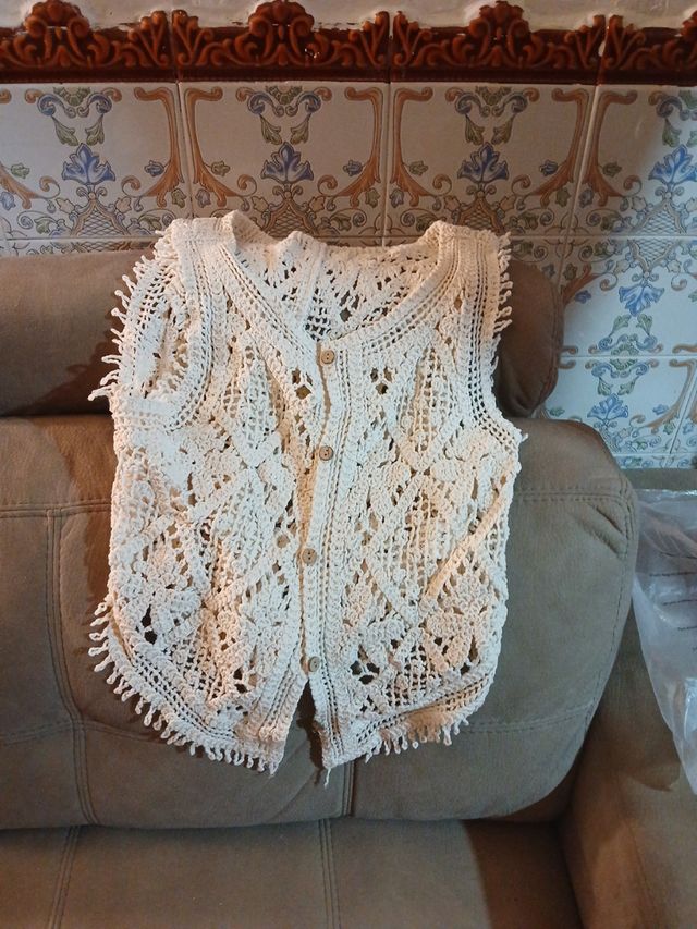 Chaleco de crochet mujer beige/blanco talla única