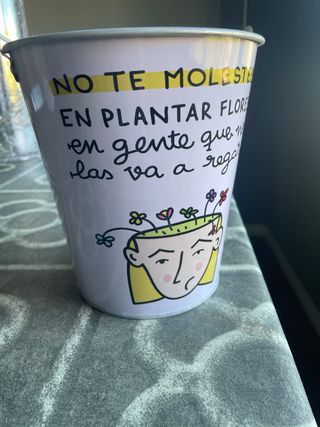 Maceta decorativa metálica con frase