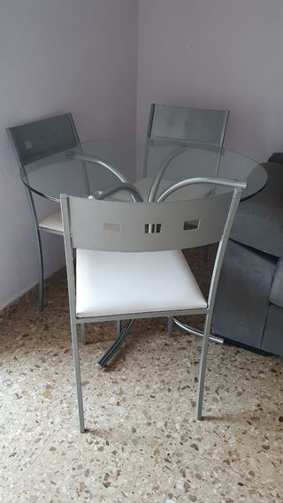 Mesa redonda cristal 90cm + 4 sillas