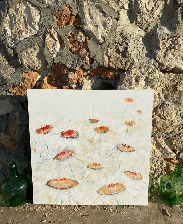 Óleo de margaritas pintado a mano sobre lienzo