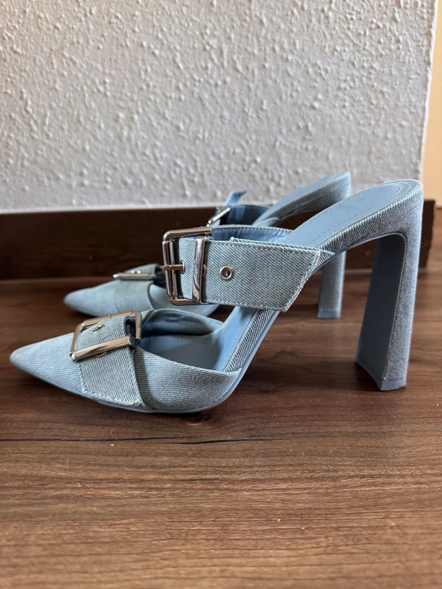 Tacones Denim Mujer Azul con Hebilla