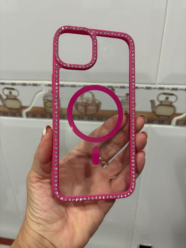 Funda iPhone 14/15 Plus Transparente Bordes Fucsia