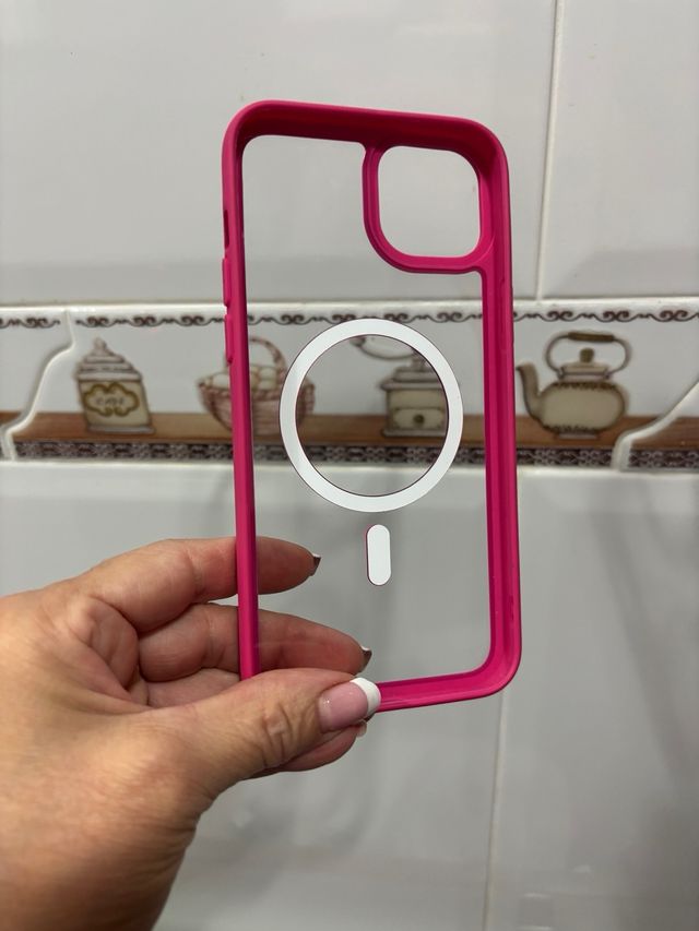 Funda iPhone 14/15 Plus Transparente Bordes Fucsia