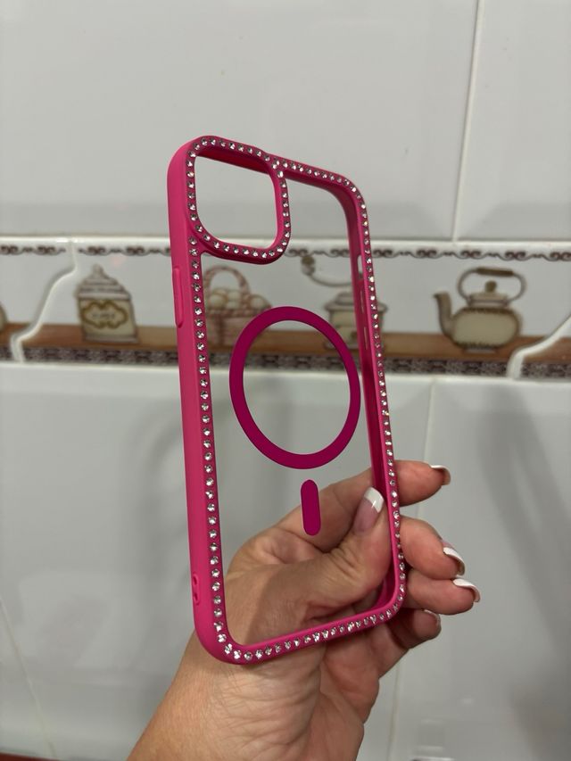 Funda iPhone 14/15 Plus Transparente Bordes Fucsia