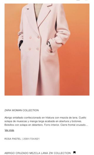 Abrigo Zara Cruzado Lana Rosa Talla S