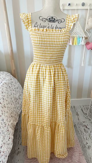 Vestido cuadros vichy amarillo y blanco
