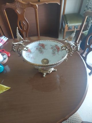 Frutero Vintage Porcelana y Metal Dorado