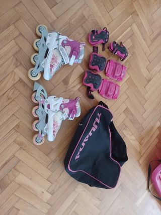 Patines con bolsa, muñequeras,coderas y rodilleras