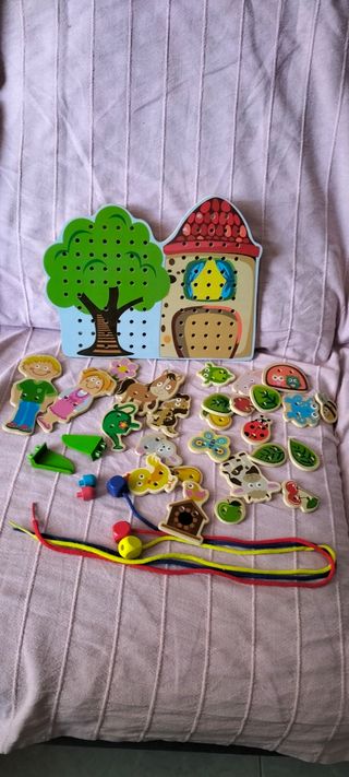 Juguetes de madera para enhebrar y 2 mas