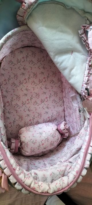 Cochecito de muñecas azul ,rosa con lazo y flores