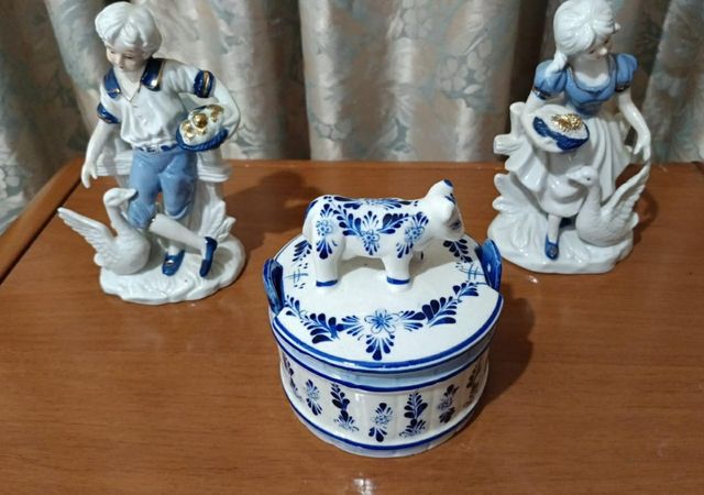 Figuras de porcelana niño, niña y vaca