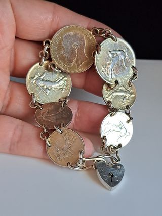 Pulsera Monedas Plata Ley Baño Oro