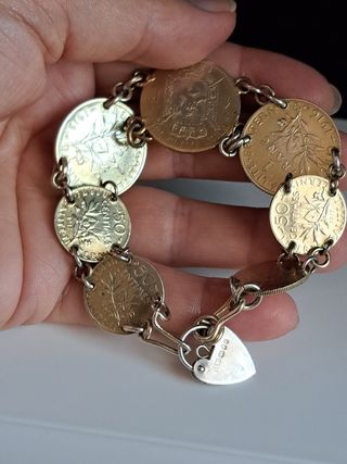 Pulsera Monedas Plata Ley Baño Oro