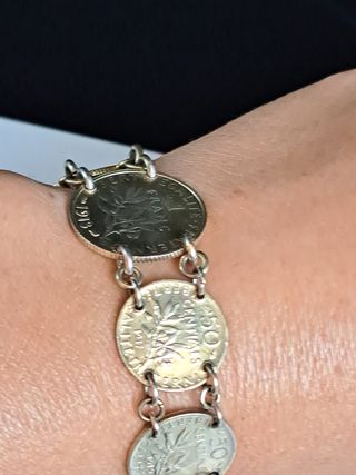 Pulsera Monedas Plata Ley Baño Oro