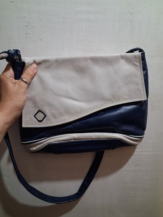 Borsa in pelle vintage blu e bianca