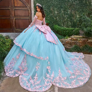 Vestido de Quinceañera Azul y Rosa