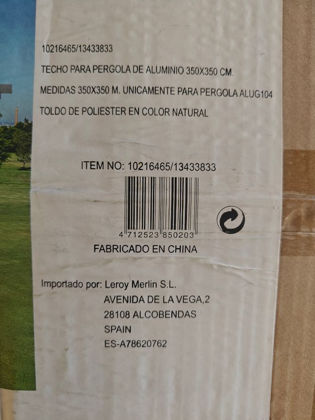 Toldo para pérgola 3,5x3,5m poliéster