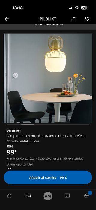 Lámpara colgante Ikea Pilblixt dorada