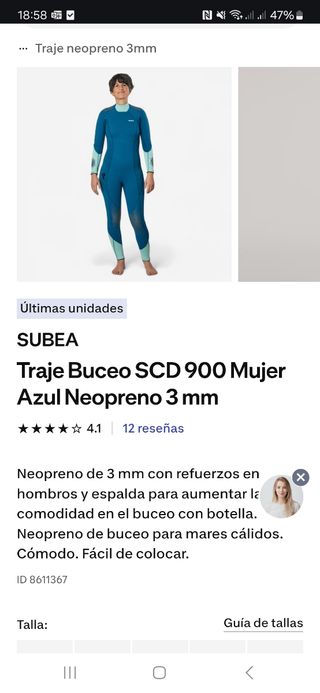 Traje Neopreno SUBEA Mujer Azul 3mm