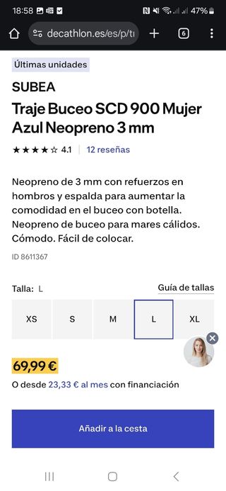 Traje Neopreno SUBEA Mujer Azul 3mm