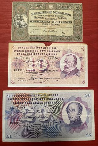 3 Banconote Svizzera 5, 10, 20 Franchi