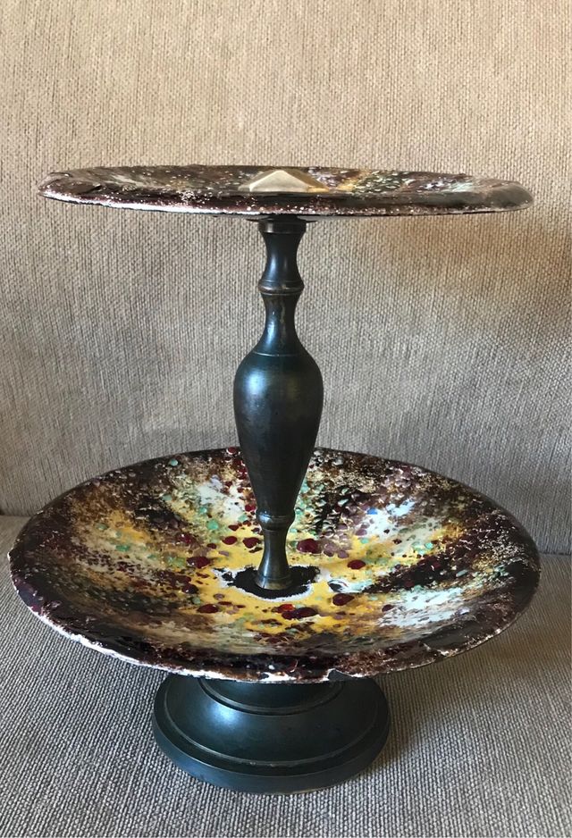 Frutero antiguo hierro vidriado multicolor