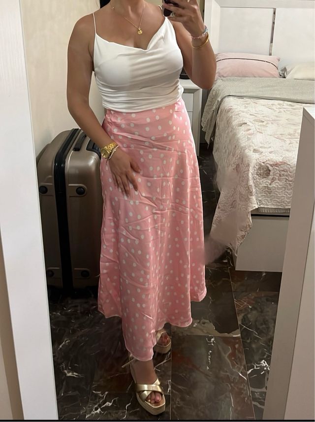 Falda larga satén rosa lunares