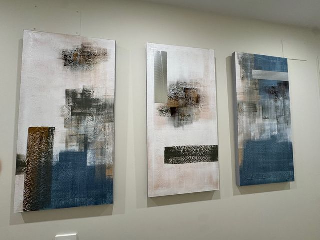 Tríptico Abstracto Azul y Blanco