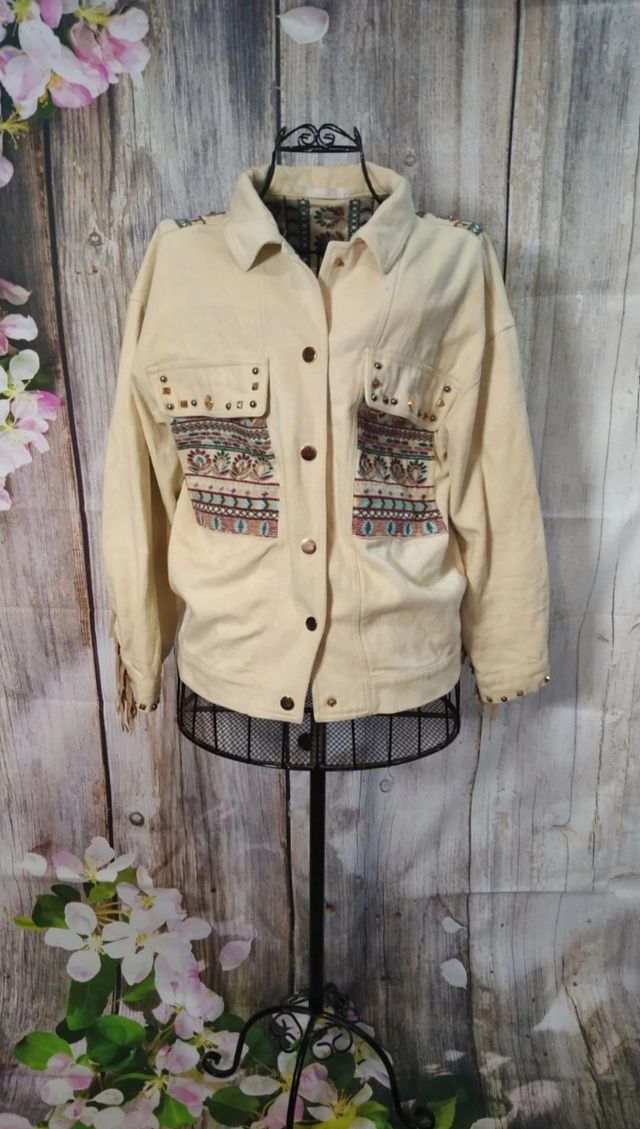 Chaqueta Étnica cremallera con Flecos oversize