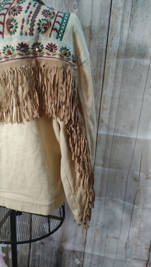 Chaqueta Étnica cremallera con Flecos oversize