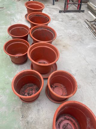 Macetas de plástico marrones con platos. 9 unid.