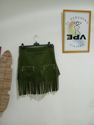 Falda Pantalón Verde Flecos y Tachuelas