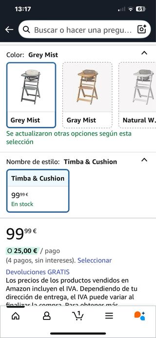 Trona de madera Bebeconfort gris