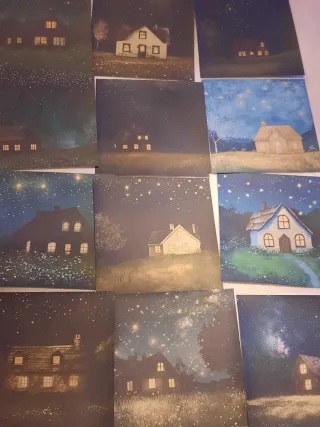 12 Gravuras Paisagem Estrelas e Casas