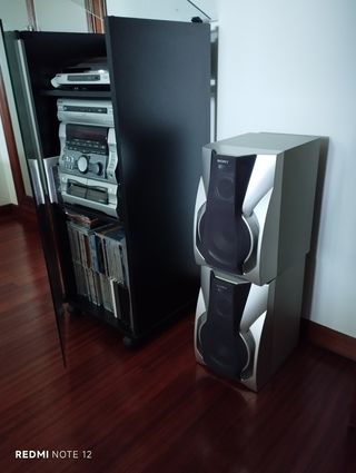 Equipo de música Sony con altavoces y mueble.
