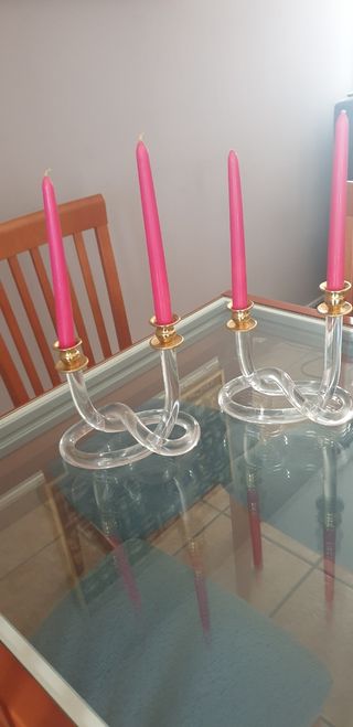Pareja Candelabros Cristal y Metal Dorado