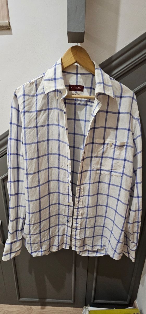 Camisa Lino Emidio Tucci Cuadros Azul Talla L