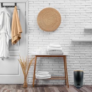 Papelera de metal bambú cubo basura baño moderno
