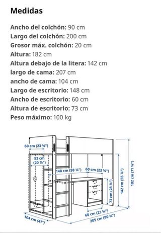 Cama alta IKEA SMÅSTAD con escritorio