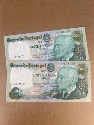 2 Billetes Portugal 20 Escudos 1978