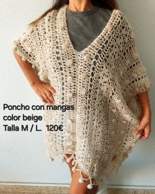 Poncho tejido artesanal lana de llama beige
