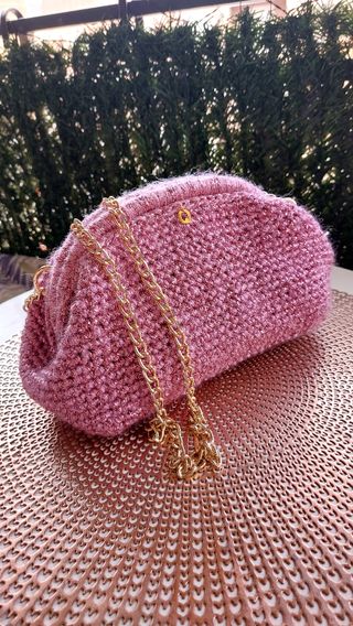 Bolso de mano ganchillo dorado y rosa