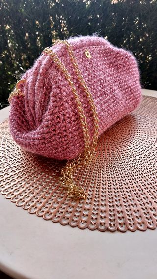 Bolso de mano ganchillo dorado y rosa