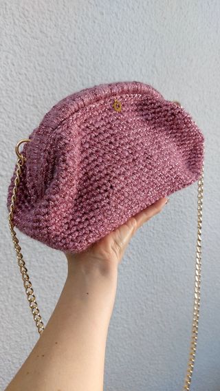 Bolso de mano ganchillo dorado y rosa
