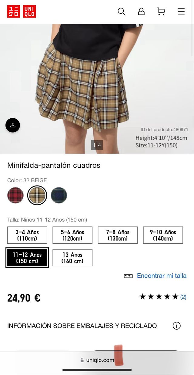 Falda pantalón cuadros beige y marrón TALLA 10-12